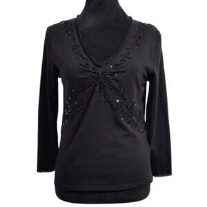 Nine West Black Beaded V-Neck  Long Sleeve Blouse Women's Size Medium